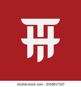 Initial letters H, T, HT or TH overlapping, interlocked monogram logo, white color on red background