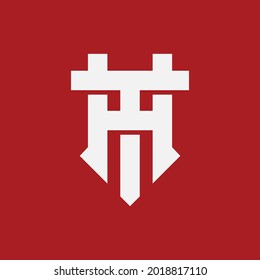 Letras iniciales H, T, HT o TH superpuestas, logotipo de monograma interbloqueado, color blanco sobre fondo rojo