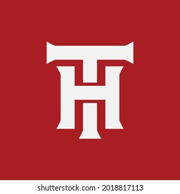 Letras iniciales H, T, HT o TH superpuestas, logotipo de monograma interbloqueado, color blanco sobre fondo rojo