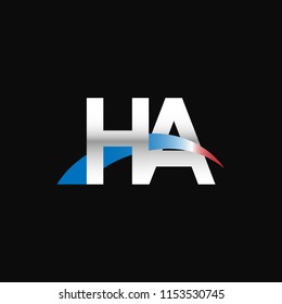 Initial letters HA overlapping movement swoosh logo, metal silver blue red color on black background