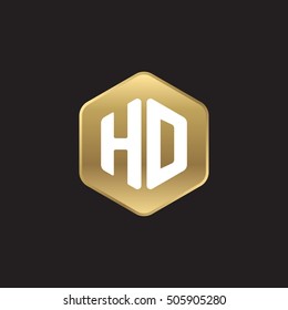 Initial letters HD rounded hexagon shape gold modern logo