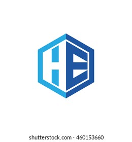 Initial letters HE negative space hexagon shape logo blue