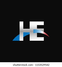 Initial letters HE overlapping movement swoosh logo, metal silver blue red color on black background