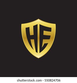 Initial letters HE shield shape gold logo