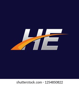 Initial letters HE vector illustrations designs with overlapping orange swoosh vector for company logo on dark blue background.