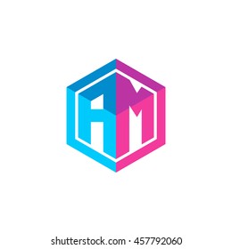 Initial letters AM hexagon box shape logo blue pink purple