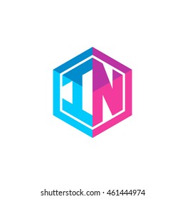 Initial letters IN hexagon box shape logo blue pink purple