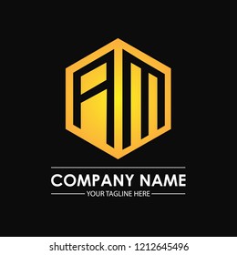 Initial letters AM hexagon shape logo design black gold