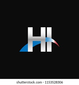 Initial letters HI overlapping movement swoosh logo, metal silver blue red color on black background