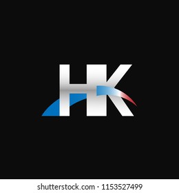 Initial letters HK overlapping movement swoosh logo, metal silver blue red color on black background