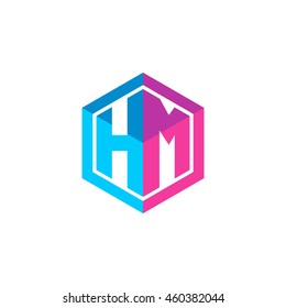 Initial letters HM hexagon box shape logo blue pink purple