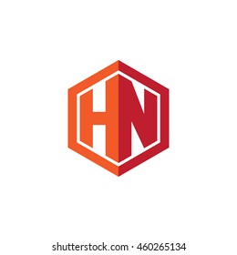 Initial letters HN hexagon shape logo red orange