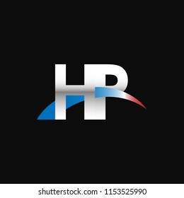 Initial letters HP overlapping movement swoosh logo, metal silver blue red color on black background