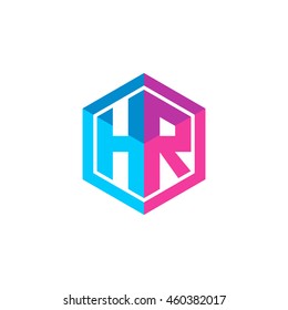 Initial letters HR hexagon box shape logo blue pink purple