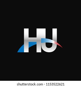 Initial letters HU overlapping movement swoosh logo, metal silver blue red color on black background