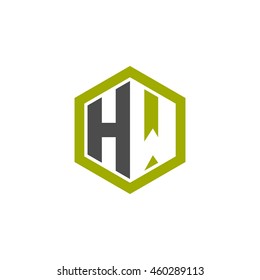 Initial letters HW negative space hexagon shape logo green black gray