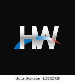 Initial letters HW overlapping movement swoosh logo, metal silver blue red color on black background