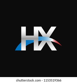 Initial letters HX overlapping movement swoosh logo, metal silver blue red color on black background