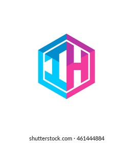 Initial letters IH hexagon box shape logo blue pink purple