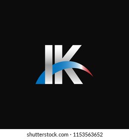 Initial letters IK overlapping movement swoosh logo, metal silver blue red color on black background