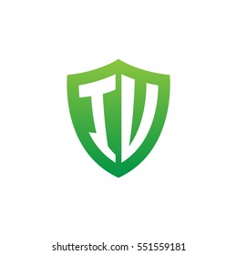 Initial letters IU, IV, shield shape green simple logo