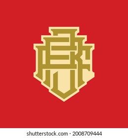 Anfangsbuchstaben J, R, F, JRF, JFR, RFJ, RJF, FJR oder FRJ, überlappend, eingeschlossene Monogrammlogos, Gold und Creme auf rotem Hintergrund