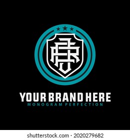 Initial letters J, R, F, JRF, JFR, RFJ, RJF, FJR or FRJ overlapping, interlocked monogram logo, badge logo, white and blue color on black background