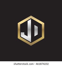 Initial letters JD, JO, negative space hexagon shape logo silver gold
