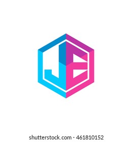 Initial letters JE hexagon box shape logo blue pink purple