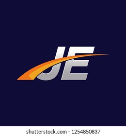 Initial letters JE vector illustrations designs with overlapping orange swoosh vector for company logo on dark blue background.