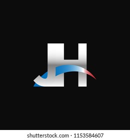 Initial letters JH overlapping movement swoosh logo, metal silver blue red color on black background