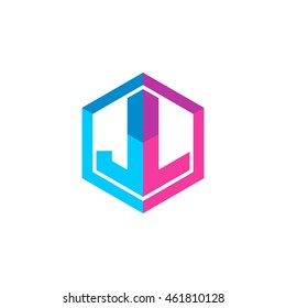 Initial letters JL hexagon box shape logo blue pink purple