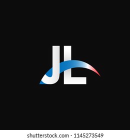 Initial letters JL overlapping movement swoosh logo, metal silver blue red color on black blackground