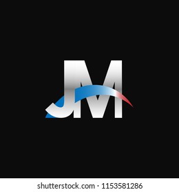 Initial letters JM overlapping movement swoosh logo, metal silver blue red color on black background
