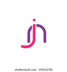Initial letters jn, nj, round linked overlapping lowercase logo modern design pink purple