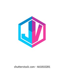 Initial letters JV hexagon box shape logo blue pink purple