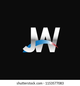 Initial letters JW overlapping movement swoosh logo, metal silver blue red color on black background