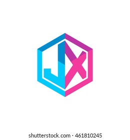 Initial letters JX hexagon box shape logo blue pink purple