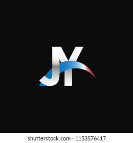 Initial letters JY overlapping movement swoosh logo, metal silver blue red color on black background