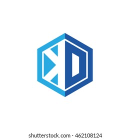 Initial letters KD, KO, negative space hexagon shape logo blue