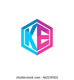 Initial letters KE hexagon box shape logo blue pink purple