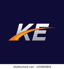 Initial letters KE vector illustrations designs with overlapping orange swoosh vector for company logo on dark blue background.