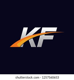 Initial letters KF vector illustrations designs overlapping with orange swoosh vector for company or factory logo on blue dark background.