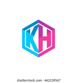 Initial letters KH hexagon box shape logo blue pink purple