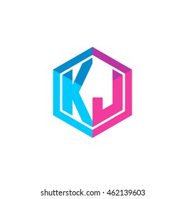 Initial letters KJ hexagon box shape logo blue pink purple