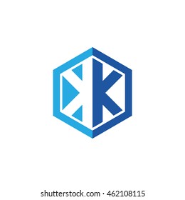 Initial letters KK negative space hexagon shape logo blue