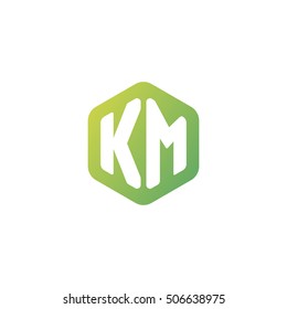Initial letters KM rounded hexagon shape green simple modern logo