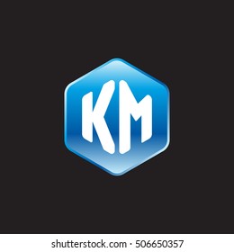 Initial letters KM rounded hexagon shape blue modern logo