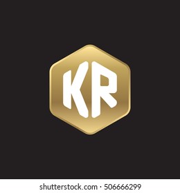 Initial letters KR rounded hexagon shape gold modern logo