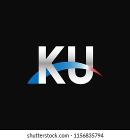 Initial letters KU overlapping movement swoosh logo, metal silver blue red color on black background